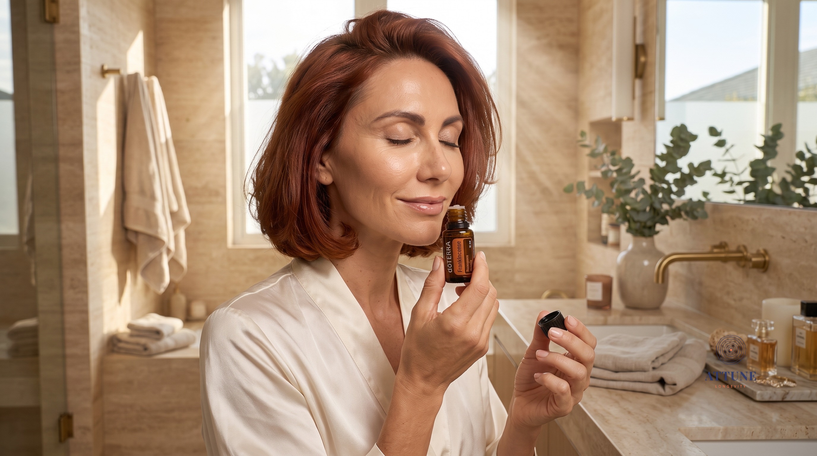 Smelling a doTERRA Frankincense bottle as part of a bathroom ritual