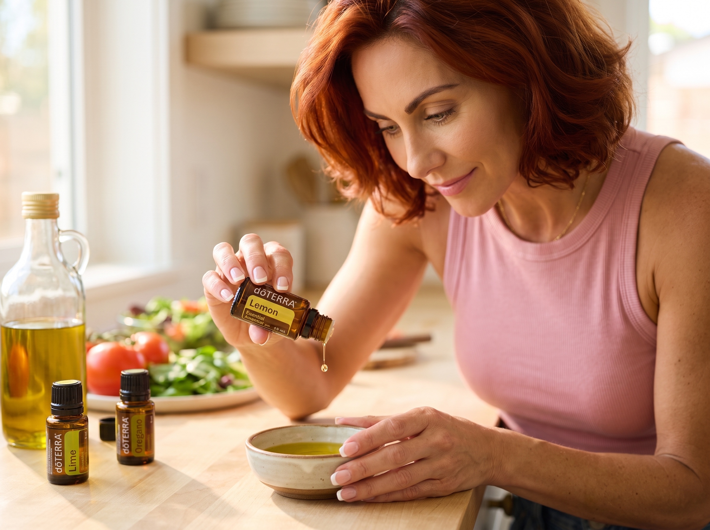 Mixing a drop of doTERRA Lemon oil into olive oil before dressing a salad