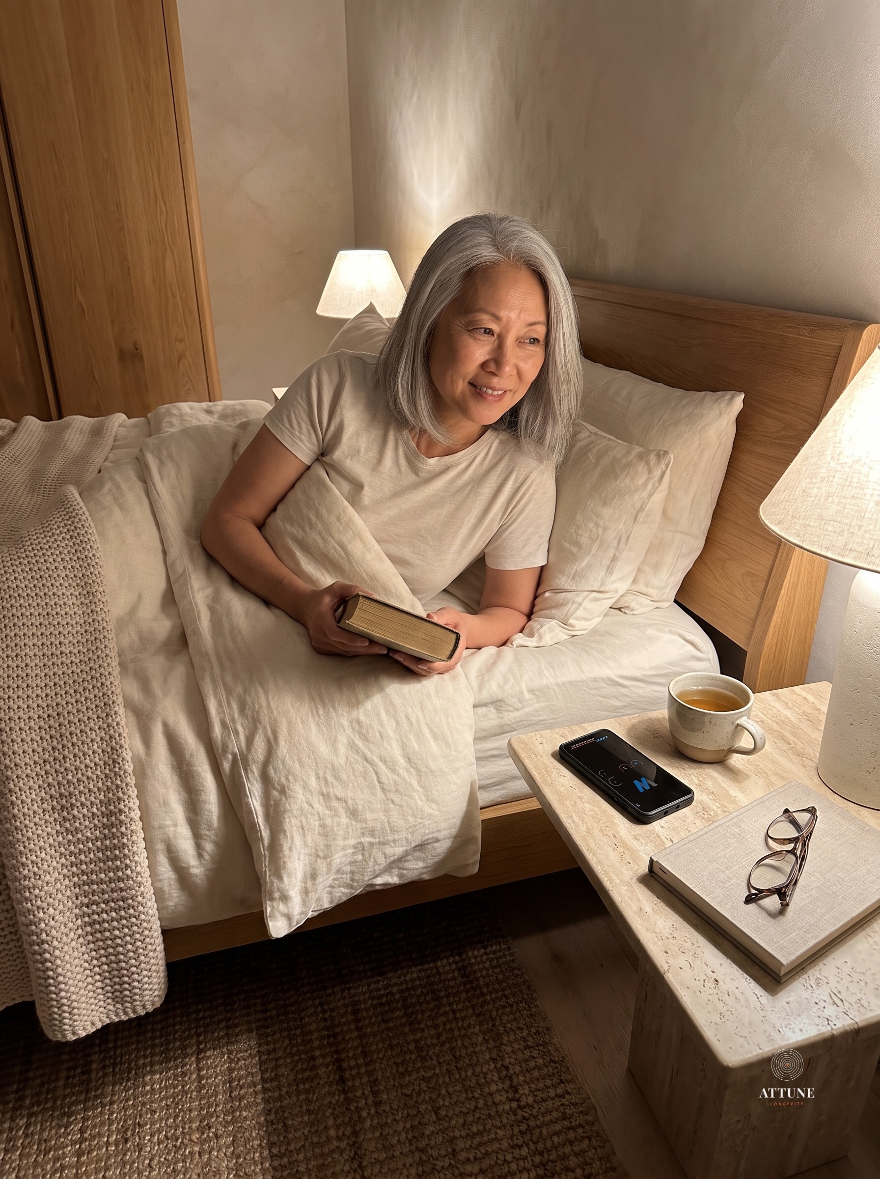 An evening wind-down routine with a WebWellness therapy device on the nightstand
