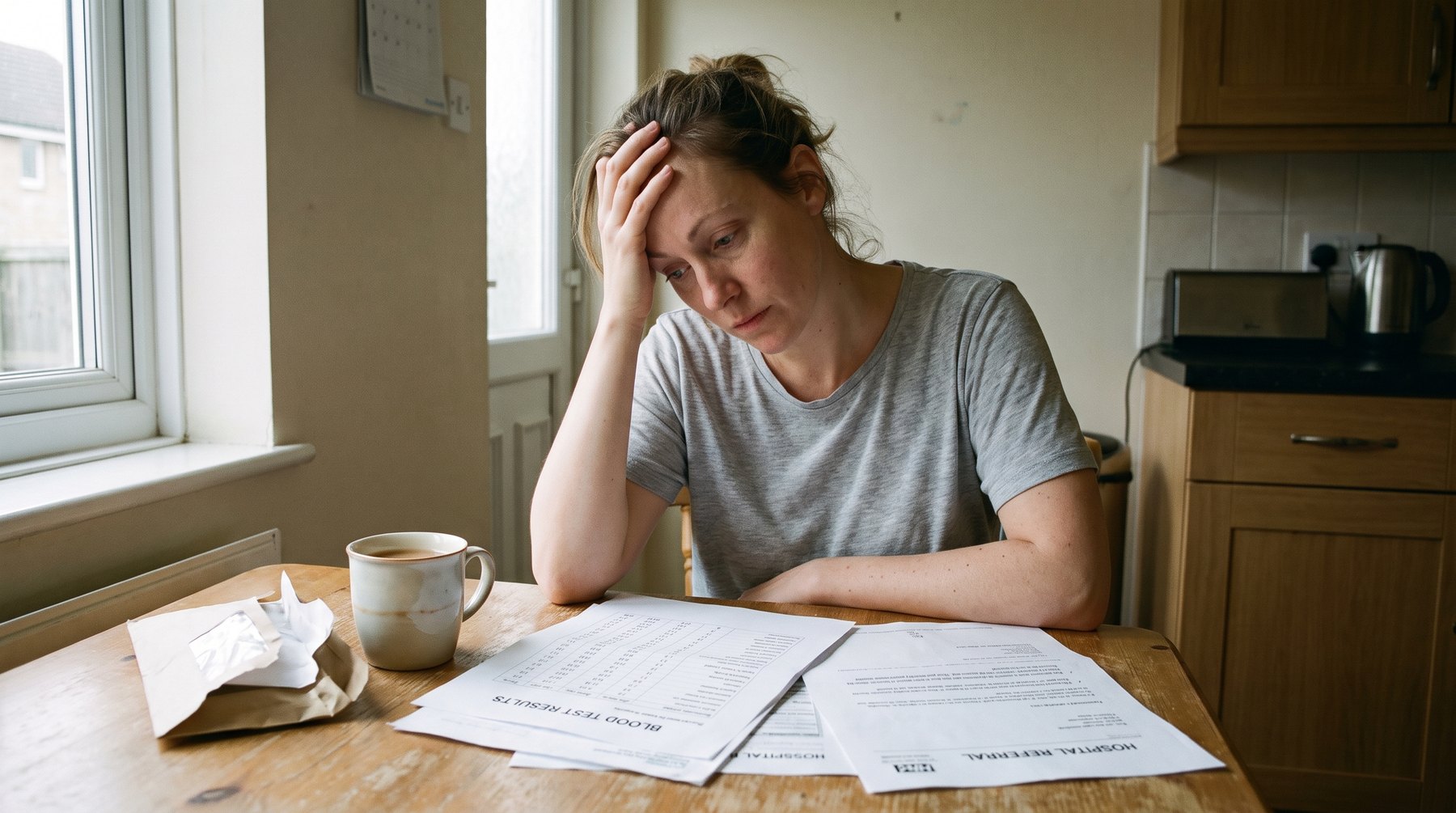 A woman at her kitchen table with blood test results spread in front of her