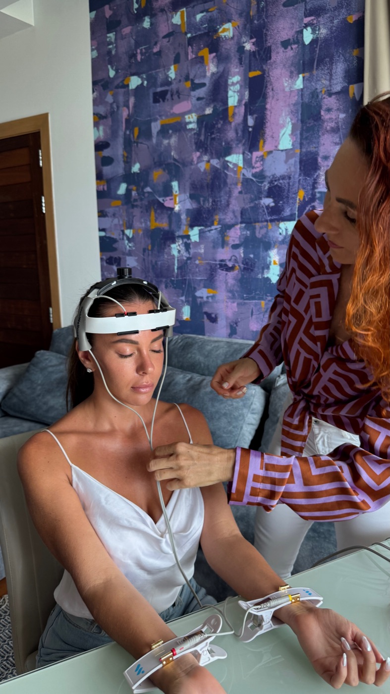 A real WebWellness testing session with headband and wrist electrodes